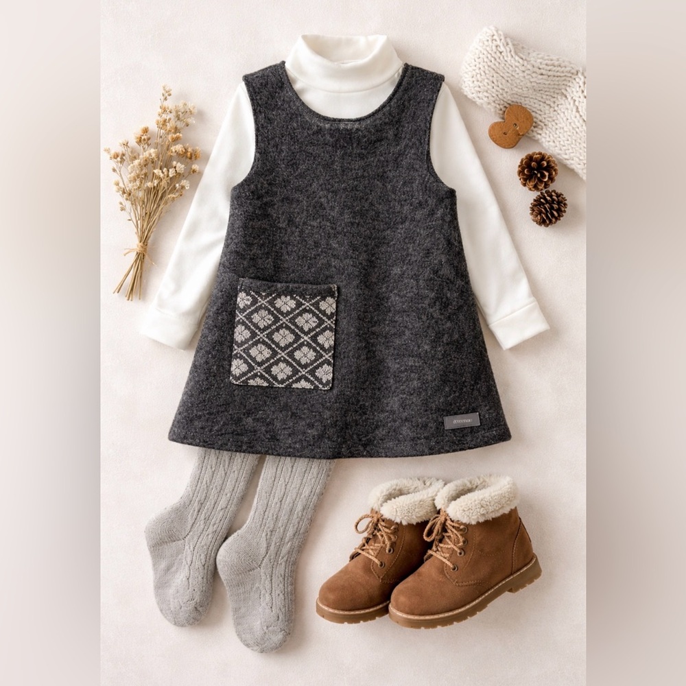 Siano Handmade Wool Jumper Dress Girls 7/8 Gray Nordic Pocket Pinafore